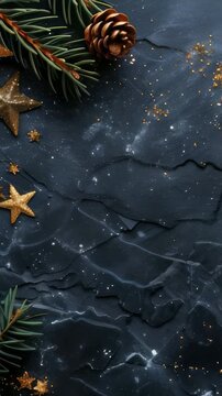 A winter holiday scene featuring golden stars and pine branches with cones scattered on a dark, textured surface accented by golden glitter. Ideal for seasonal backgrounds and celebrations.