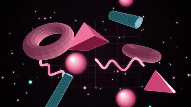 Retro 3D geometric shapes floating in space, vaporwave aesthetic background with pink and teal elements, nostalgic 80s motion graphics