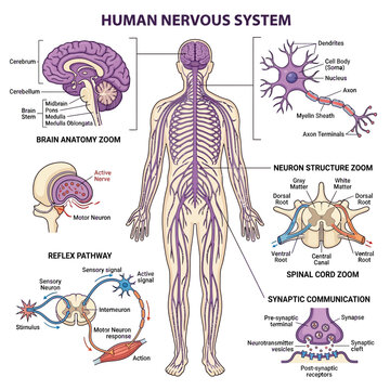 Detailed Human Nervous System Anatomy Diagram with Neuron and Synapse Structure