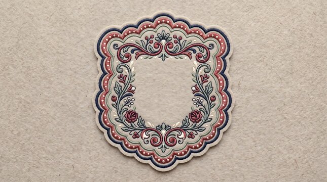 Intricate floral embroidered patch with red and green details on a light beige textured background