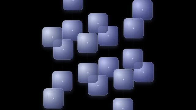 Abstract purple square bokeh background, glowing geometric particles on black, elegant digital motion graphics for video overlays