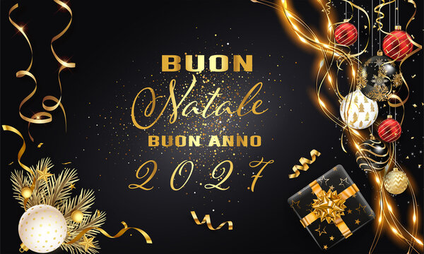 Biglietto o striscione per augurare un Buon Natale e un Felice Anno Nuovo 2027 in oro su sfondo nero con palline di Natale, regali, rami di abete e festoni.