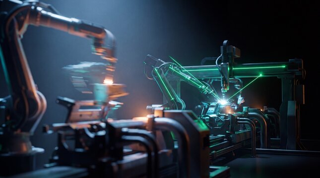 robotic manufacturing systems, a sleek, futuristic assembly plant features robotic precision under glowing lasers