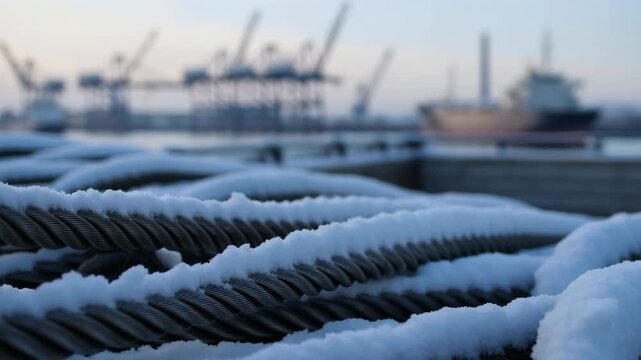 Snow-covered heavy ropes lie in parallel rows along waterfront equipment while blurred cargo cranes and docked vessel rise across cold industrial harbor background