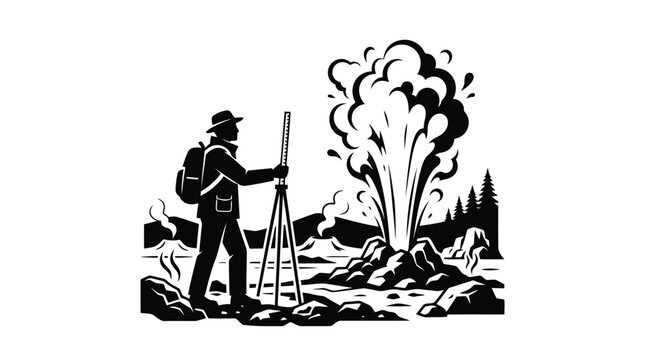 Geologist surveying near erupting geyser vector design element