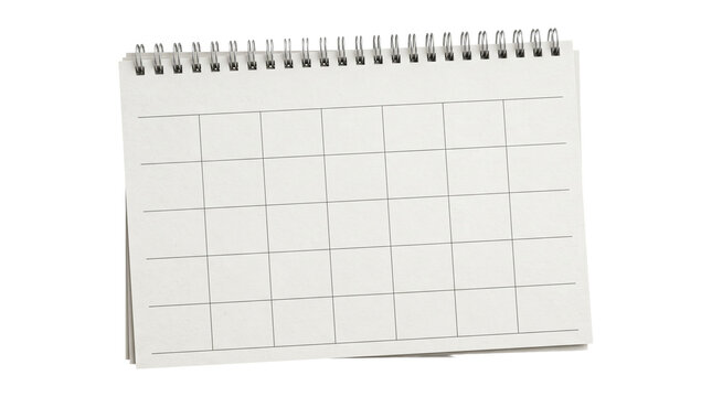 Blank spiral bound desk calendar with empty grid for scheduling and event planning.
