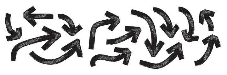 Various bold brush drawn curved arrows. Collection doodle marker thick arrows in different directions. Hand drawn vector direction pointers. Curved and wavy brush strokes with scratches swirl arrow. © ａ𝐝Øｂ𝒆 ๓𝐚𝓈ᵗ𝓔ｒ