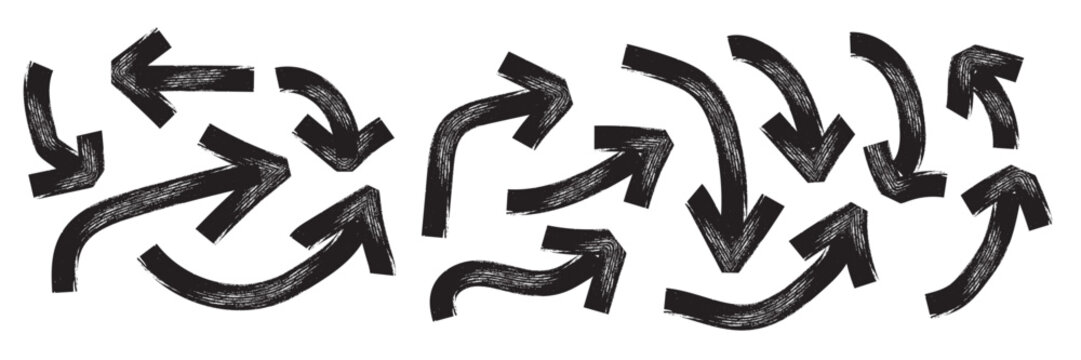 Various bold brush drawn curved arrows. Collection doodle marker thick arrows in different directions. Hand drawn vector direction pointers. Curved and wavy brush strokes with scratches swirl arrow.