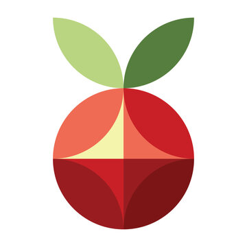 Symmetrical geometric flat illustration of a stylized round red fruit with two green leaves, using segmented shapes and earthy colors for a modern botanical design.