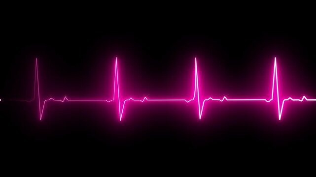 Neon pink heart beat line glowing on a dark black background representing medical health and life rhythm monitor for hospital cardiology technology and digital pulse analysis concept art design