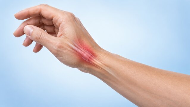 De Quervain tenosynovitis shown in premium minimal medical CGI with localized thumb-side wrist pain and subtle tendon emphasis on a clean soft pale blue medical background.