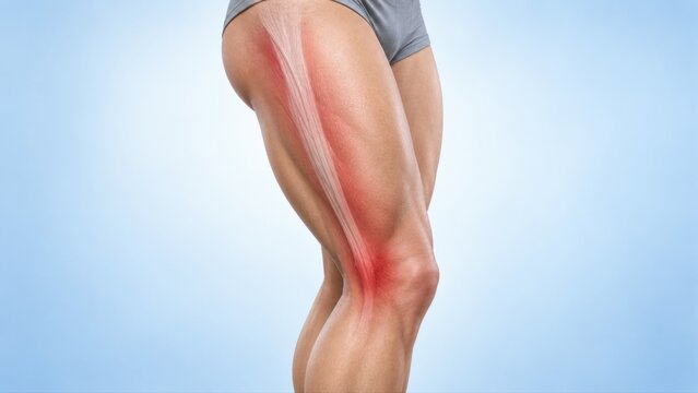 IT band syndrome shown in premium minimal medical CGI with localized outer knee lateral thigh pain along iliotibial band on clean pale blue clinical background.