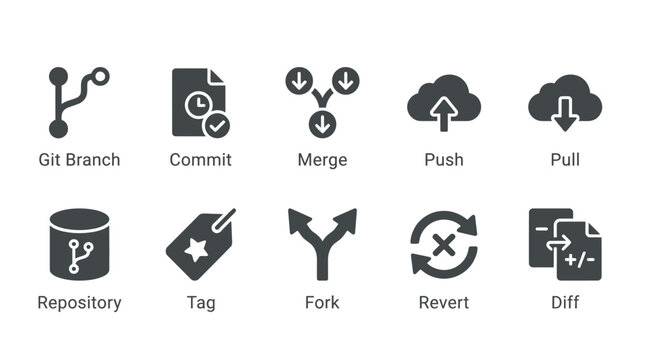 Modern Git Version Control Icons Set for Software Development, Coding, and Tech Presentations