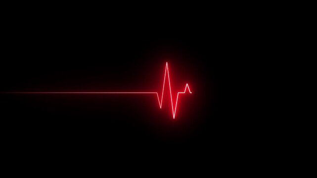 Glowing red heart beat line pulse rhythm on a dark black background representing medical health care and emergency life support monitoring graphic symbol for hospital dashboard or science technology