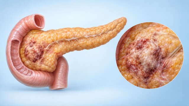 Pancreatic cancer shown as pancreas overview with enlarged tumor detail in premium clinical CGI, isolated on clean pale blue background clear oncology patient education.
