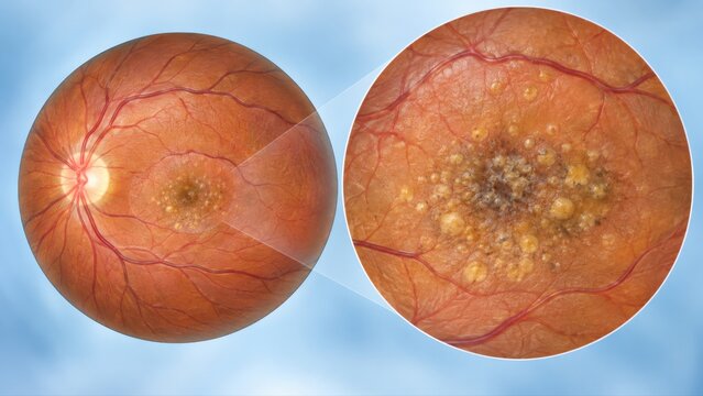 Macular degeneration shown as retinal overview with enlarged macular damage detail in premium clinical CGI, isolated on clean pale blue background ophthalmic education.