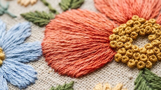 Close up of colorful embroidered flowers with textured petals and detailed stitching on neutral fabric