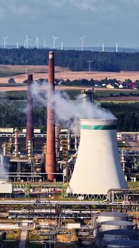 Refinery cooling tower and smokestacks rise against farmland near Schwedt, Germany vertical tracking left contrasts against wind turbines in backdrop