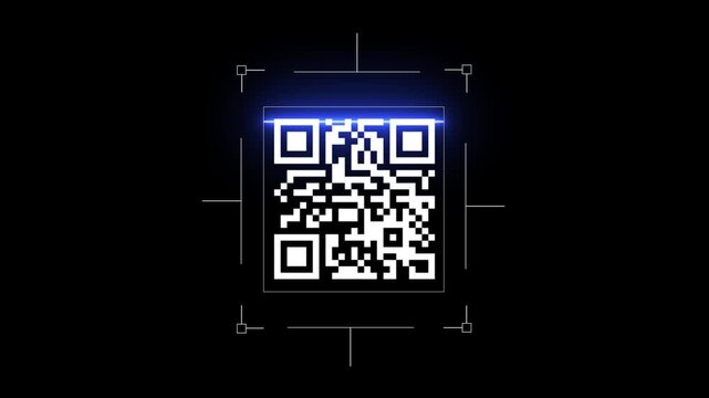 Digital qr code scanning animation with hud interface and laser beam effect on black background technology.