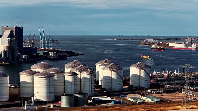 Large Storage Tanks, Cargo Ships, and Port Facilities Line the Busy Waterfront of Europoort Rotterdam, the Netherlands - Pan Left Shot