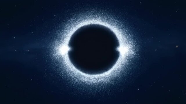 Dark circular silhouette remains centered inside a bright white glowing ring, surrounded by drifting particles and soft blue haze against a deep space-like background