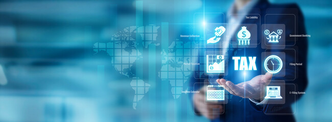 Obraz premium Account consultant holding a calculator in hand. Tax compliance regulates global corporate revenue and financial returns. Fiscal policy management ensures accurate business data.