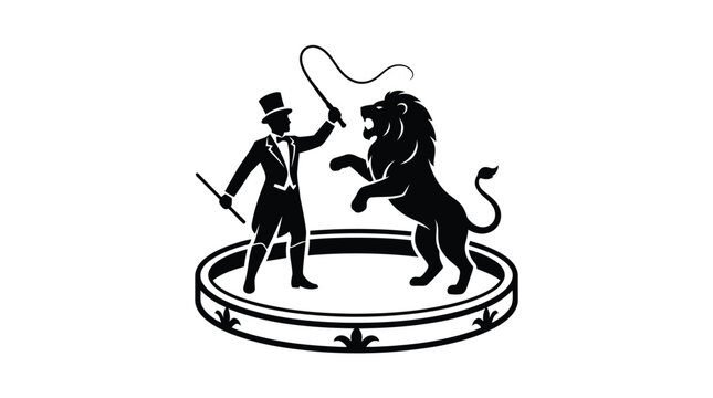 Circus ringmaster with top hat and whip training performing lion vector