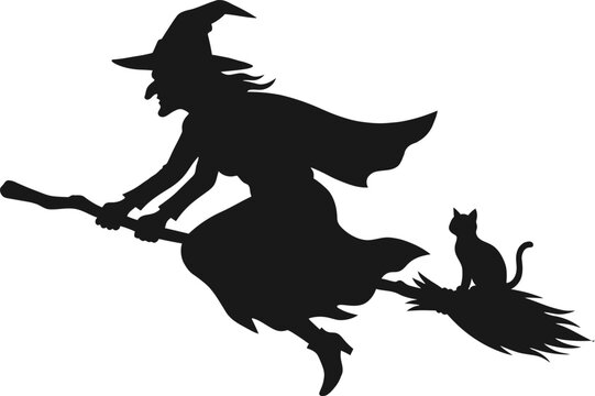 Spooky Halloween Silhouette Flying Witch On A Broomstick With Black Cat