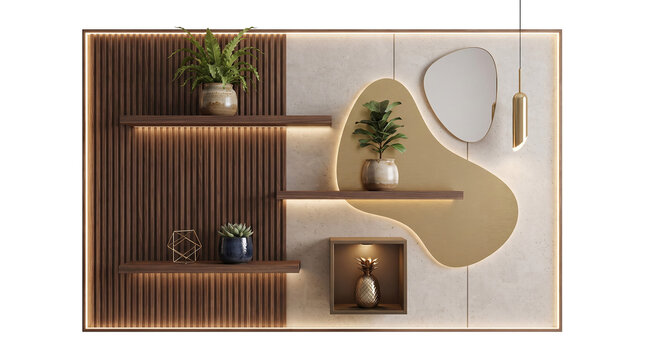 Modern wall unit with vertical wood slats shelves mirror and abstract gold shape accent.