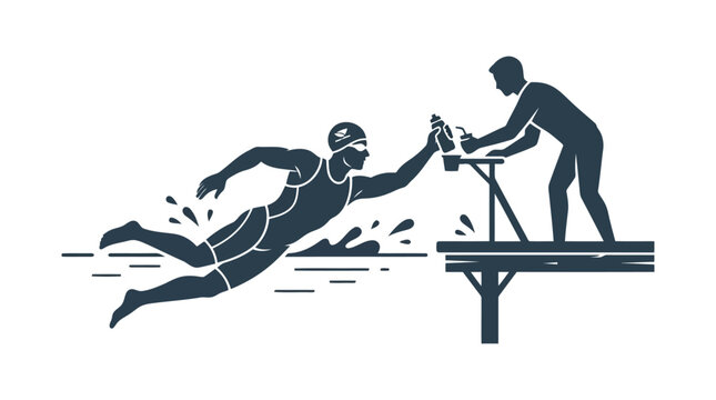 Triathlete swimmer grabbing water bottle from support station vector