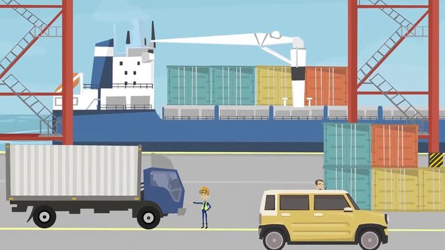 Logistics port scene with automated cargo ship operations featuring animated transport trucks and workers in a flat vector motion clip