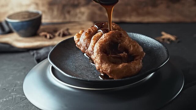 Traditional Peruvian picarones with sweet chancaca syrup drizzle.