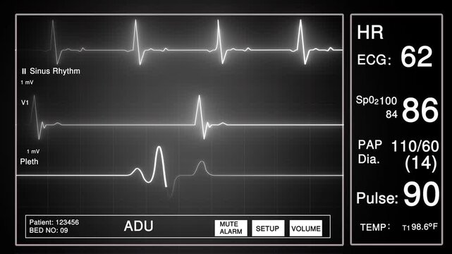 Digital medical patient heart monitor screen showing vital signs ecg wave pulse rate and oxygen levels in a hospital room setting with clinical data numbers displayed on a dark background display