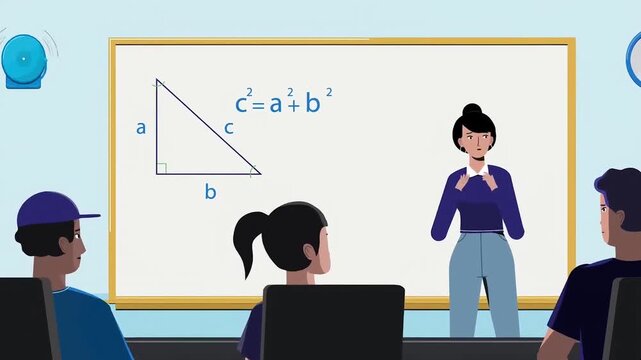 Blue school bell ringing loudly in a bright classroom animation showing students learning geometry with their professional mathematics teacher daily