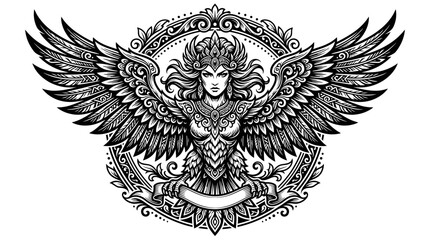 Fototapeta premium Mythical Winged Woman Emblem, Ornate Heraldic Design with Banner, Isolated Black and White Illustration