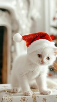 A fluffy white kitten, donning a red Santa hat, perches atop wrapped gifts. A Christmas tree and fireplace complete the festive setting, evoking warmth and holiday spirit. A cozy Christmas scene.