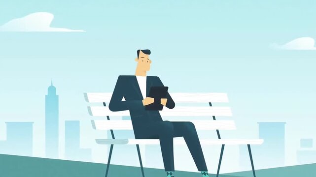 Professional businessman sitting on a wooden park bench while checking his digital tablet in this smooth animated motion video footage
