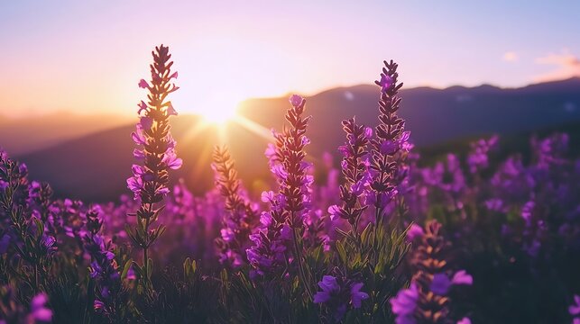 Purple flowers glowing warm sunset light high resolution picture