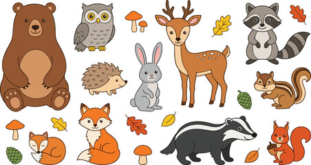 Obraz premium Cute Woodland Animals Vector Illustration Set featuring Bear Deer Fox Owl Rabbit Raccoon Badger Squirrel and Autumn Forest Elements