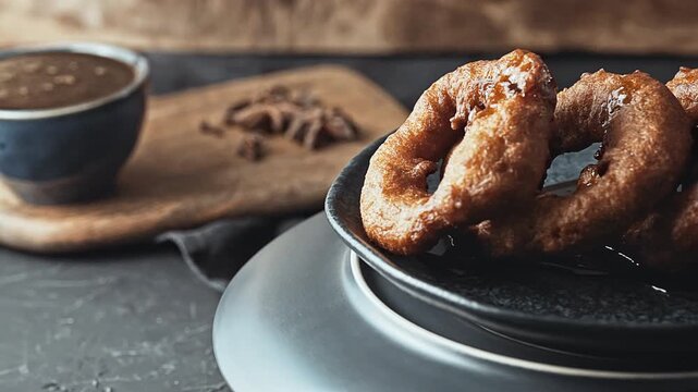Traditional Peruvian picarones with sweet chancaca syrup drizzle.