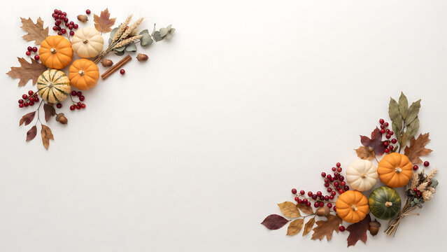 Thanksgiving flat lay background with mini pumpkins and autumn leaves on diagonal corners