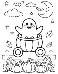 Naklejka premium Ghost in Pumpkin Carriage Illustration, Halloween Coloring Page Design