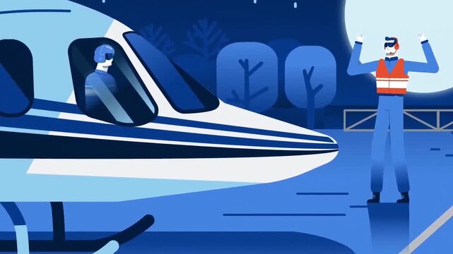 Ground crew worker signals helicopter pilot in this stylized blue animation motion clip depicting aviation flight logistics and runway operations