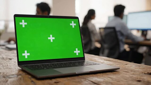 Laptop with green screen chroma key display on office desk for software mockup and digital marketing presentation