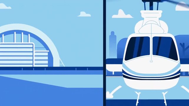 Helicopter landing animation footage showing modern aircraft maneuvering smoothly towards urban sky terminals in a stylized flat blue vector design