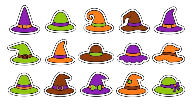 Colorful collection of pointed witches hats arranged in a grid pattern on white