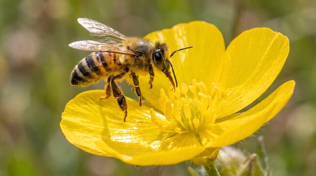 Honey bee collecting nectar on yellow buttercup flower, macro photography of honeybee pollinating wildflower, nature and biodiversity