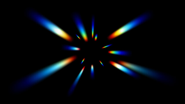 Spectral Lens Flare. Prism light leak lens flare effect radiating from center point, abstract glowing starburst beams, optical refraction rays, dynamic magical background