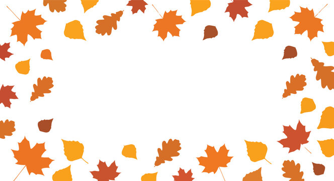 Autumn Leaves Border Frame with Maple Oak and Birch Fall Foliage Vector Background 