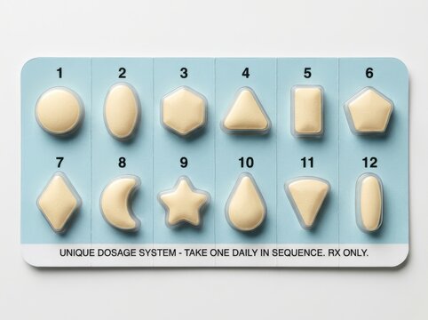 Medication blister pack with numbered pills and dosage instructions